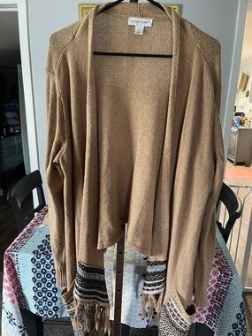 Christopher & Banks Tan Open-Front Fringe Hem Sweater Cardigan